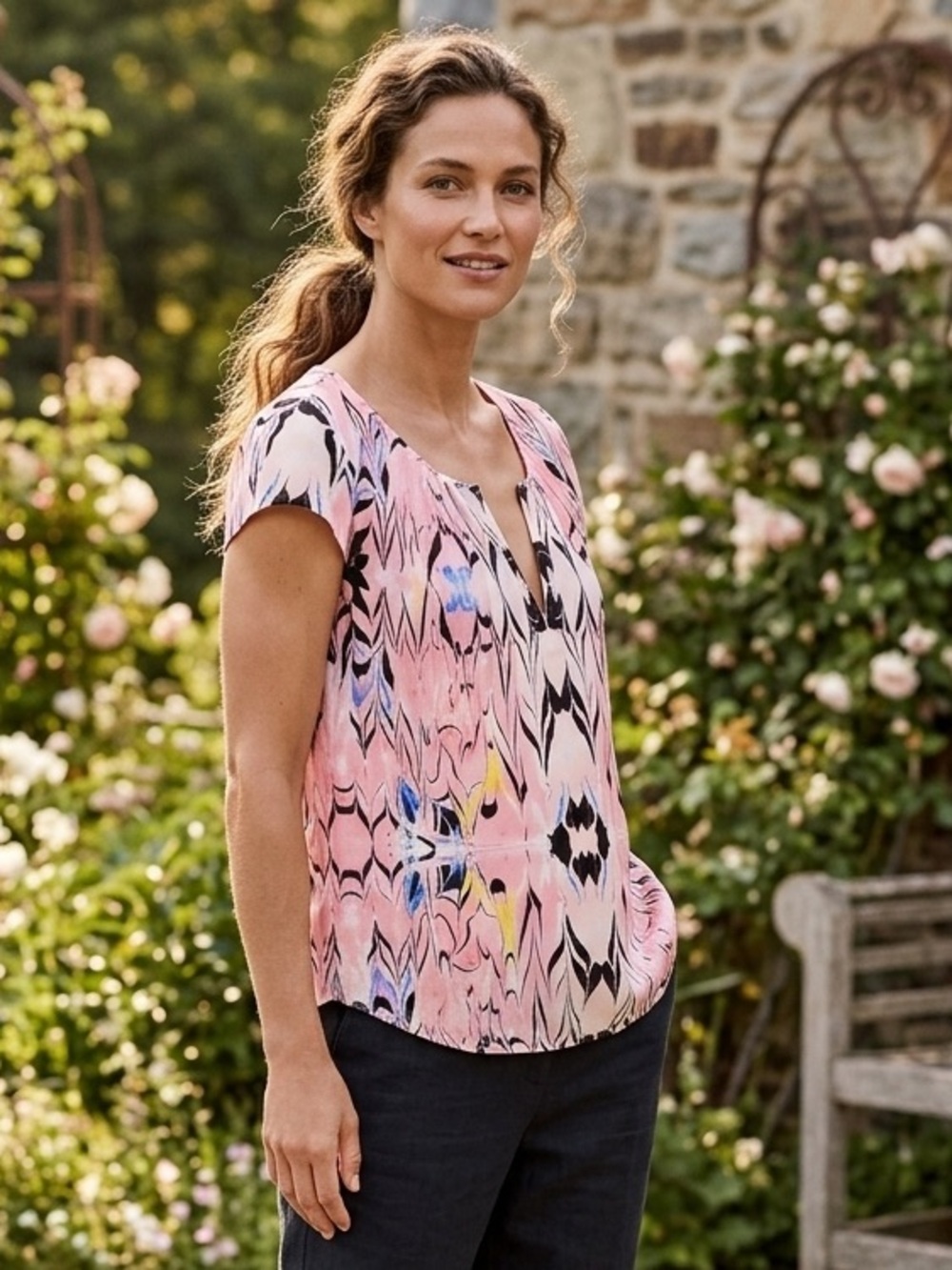 J. Crew Pink Black Marble Abstract V-Neck Short Cap Sleeve Blouse Silk Like